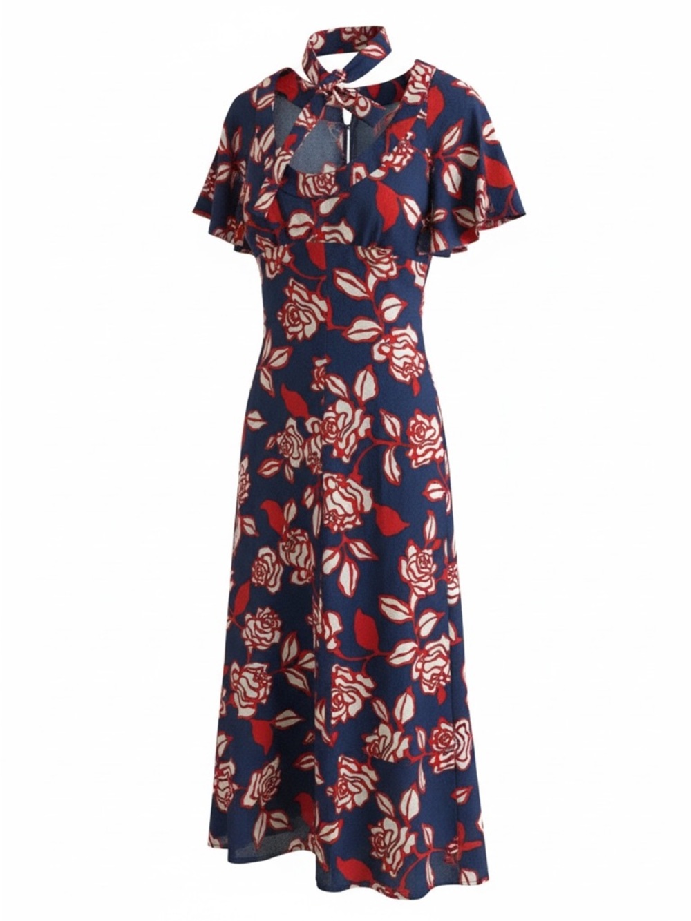 Vintage Navy Floral Maxi Dress with Red and White Roses